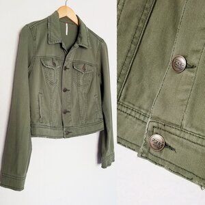 Free People Olive Army Green Distressed Crop Denim Jacket Size 4 100% Cotton